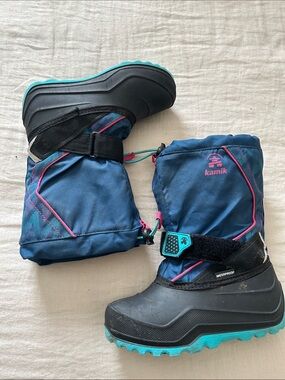Kamik Navy and Teal Kids Waterproof Winter Boots with Pink Accents